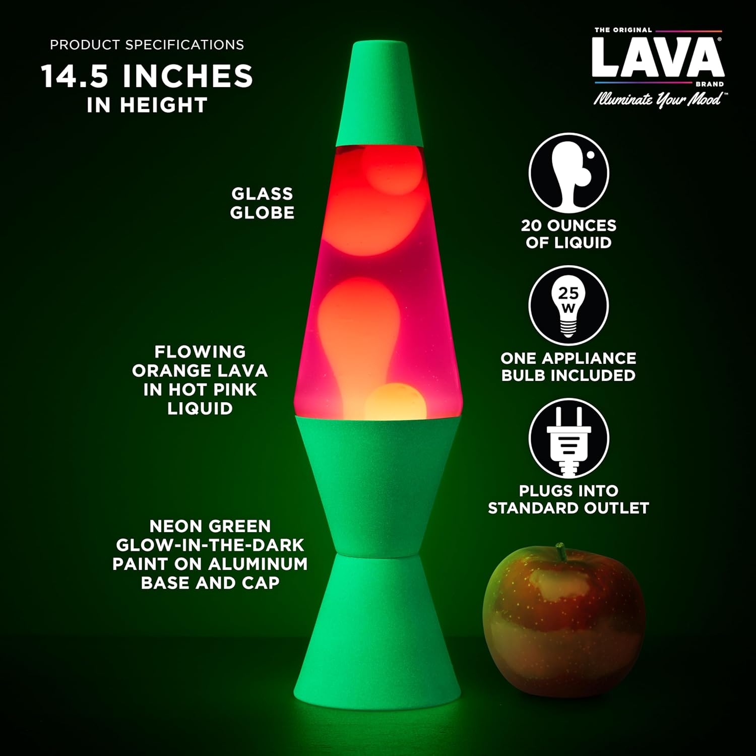 Lava The Original Lamp - 14.5 Neon Green - Classic Liquid Motion Lamp - Orange and Pink Liquid - Item #2096 (Amazon Exclusive) - Image 3