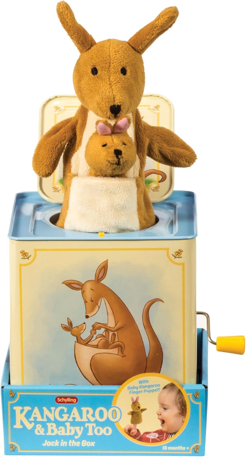 Schylling: Jack in Box - Kangaroo - Classic Pop-Up Music Toy. Momma & Baby Joey Finger Puppet. Plays Song Pop Goes The Weasel. Toddler & Kids 18mo+ - Image 6